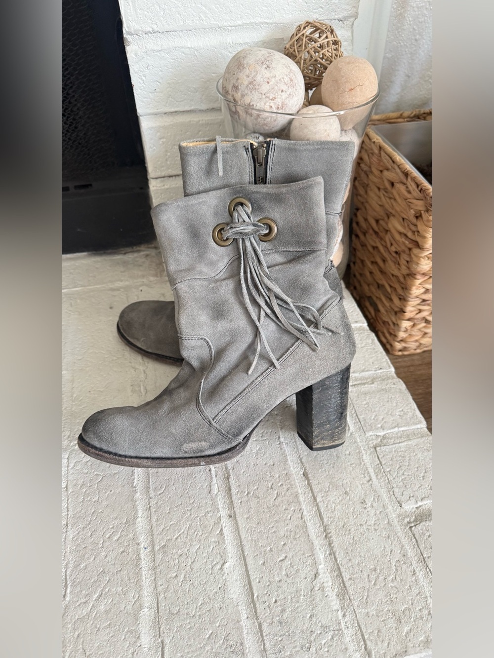Bed Stu Gray Distressed Suede Tassel Ankle Boots Women’s US 10 Block Heel Boho